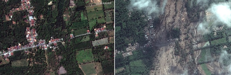 A combination of two satellite images provided by Satellite image ©2021 Maxar Technologies from Nov. 15, 2019, left, and Dec. 8, 2021, shows the mud and ash flows that swept through the area of Roboan, East Java, Indonesia from the eruption of nearby volcano Mount Semeru. The volcano erupted on Saturday, killing at dozens of people with searing ash and gas that blanketed several villages around it. (Maxar Technologies via AP)