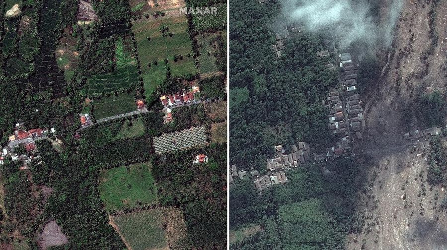A combination of two satellite images provided by Satellite image ©2021 Maxar Technologies from Nov. 15, 2019, left, and Dec. 8, 2021, shows the mud and ash flows that swept through the area of Roboan, East Java, Indonesia from the eruption of nearby volcano Mount Semeru. The volcano erupted on Saturday, killing at dozens of people with searing ash and gas that blanketed several villages around it. (Maxar Technologies via AP)