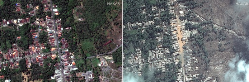 Indonesia Volcano A combination of two satellite images provided by Satellite image ©2021 Maxar Technologies from Nov. 15, 2019, left, and Dec. 8, 2021, shows the mud and ash flows that swept through the area of Roboan, East Java, Indonesia from the eruption of nearby volcano Mount Semeru. The volcano erupted on Saturday, killing at dozens of people with searing ash and gas that blanketed several villages around it. (Maxar Technologies via AP)