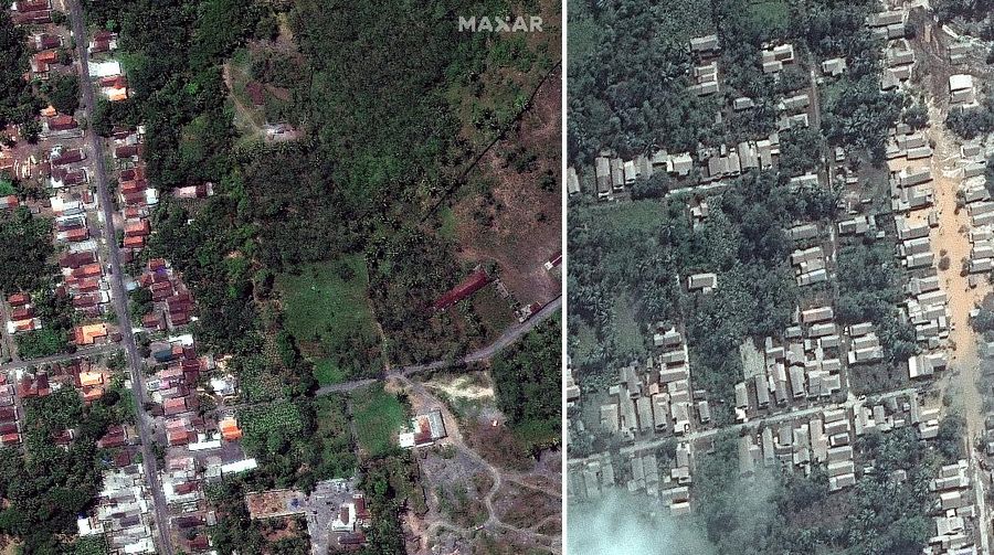 A combination of two satellite images provided by Satellite image ©2021 Maxar Technologies from Nov. 15, 2019, left, and Dec. 8, 2021, shows the mud and ash flows that swept through the area of Roboan, East Java, Indonesia from the eruption of nearby volcano Mount Semeru. The volcano erupted on Saturday, killing at dozens of people with searing ash and gas that blanketed several villages around it. (Maxar Technologies via AP)