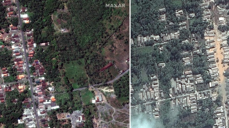 A combination of two satellite images provided by Satellite image ©2021 Maxar Technologies from Nov. 15, 2019, left, and Dec. 8, 2021, shows the mud and ash flows that swept through the area of Roboan, East Java, Indonesia from the eruption of nearby volcano Mount Semeru. The volcano erupted on Saturday, killing at dozens of people with searing ash and gas that blanketed several villages around it. (Maxar Technologies via AP)