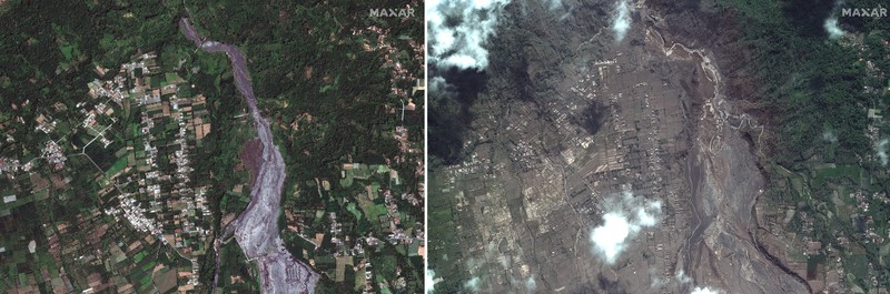 A combination of two satellite images provided by Satellite image ©2021 Maxar Technologies from Nov. 15, 2019, left, and Dec. 8, 2021, shows the mud and ash flows that swept through the area of Roboan, East Java, Indonesia from the eruption of nearby volcano Mount Semeru. The volcano erupted on Saturday, killing at dozens of people with searing ash and gas that blanketed several villages around it. (Maxar Technologies via AP)