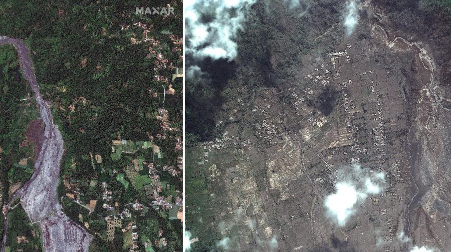 A combination of two satellite images provided by Satellite image ©2021 Maxar Technologies from Nov. 15, 2019, left, and Dec. 8, 2021, shows the mud and ash flows that swept through the area of Roboan, East Java, Indonesia from the eruption of nearby volcano Mount Semeru. The volcano erupted on Saturday, killing at dozens of people with searing ash and gas that blanketed several villages around it. (Maxar Technologies via AP)