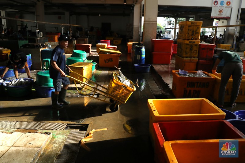 Pekerja melakukan bongkar muat ikan di Pasar Ikan Muara Baru, Jakarta, Kamis (9/12/2021). (CNBC Indonesia/Tri Susilo)