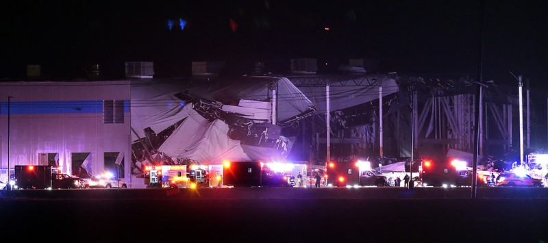 Midwest Tornadoes The Amazon distribution center is partially collapsed after being hit by a tornado on Friday, Dec. 10, 2021 in Edwardsville, Ill. (Robert Cohen/St. Louis Post-Dispatch via AP)