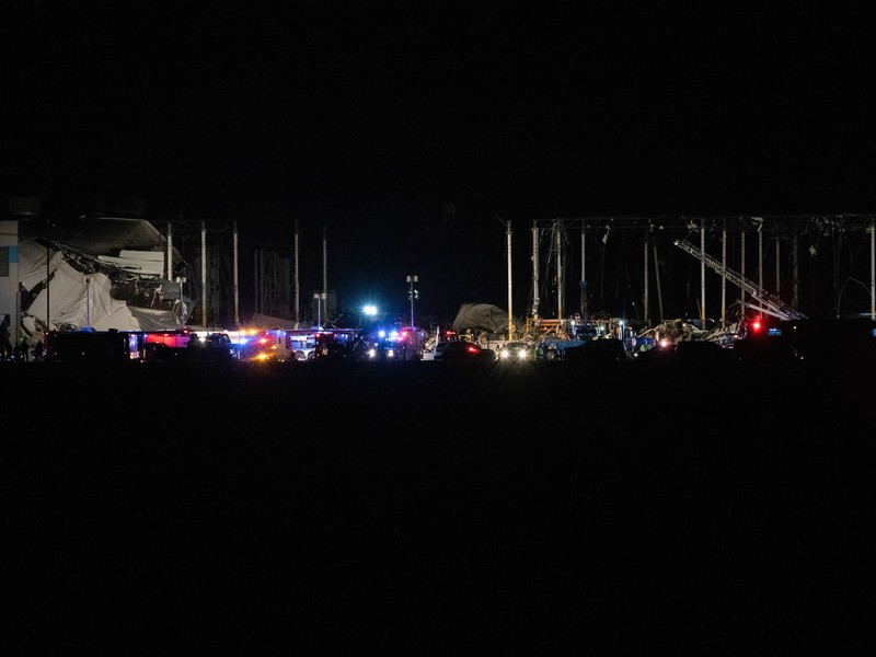 The Amazon distribution center is partially collapsed after being hit by a tornado on Friday, Dec. 10, 2021 in Edwardsville, Ill.  (Robert Cohen/St. Louis Post-Dispatch via AP)