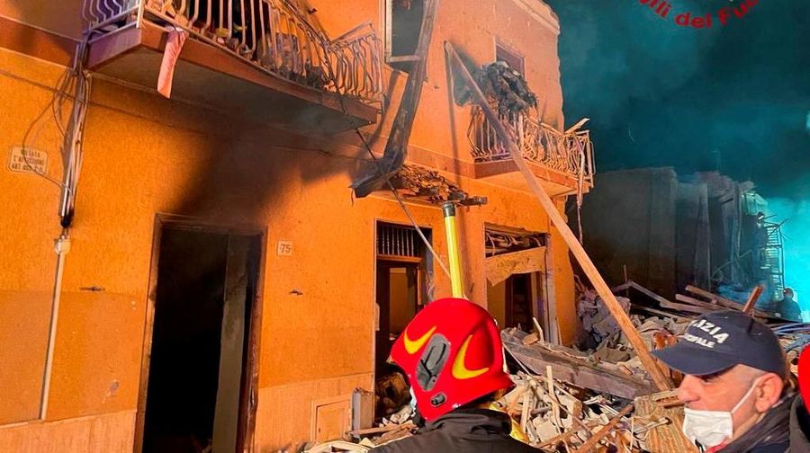 Debris is seen as members of the fire brigade work to rescue survivors after a four-storey building collapsed in the Sicilian town of Ravanusa following a gas explosion, in Italy, in this undated image obtained via social media on December 12, 2021.  Vigili del Fuoco via REUTERS ATTENTION EDITORS - THIS IMAGE HAS BEEN SUPPLIED BY A THIRD PARTY. WATERMARK FROM SOURCE. DO NOT OBSCURE LOGO.