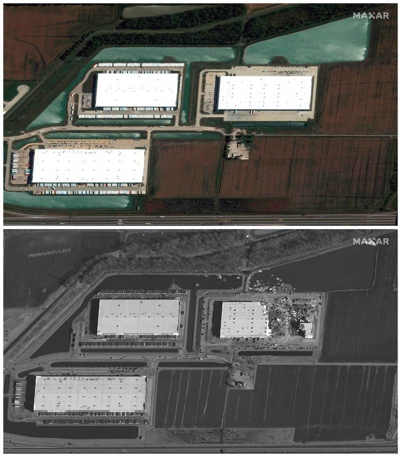 Gambar Satelit Badai Tornado yang menghantam gudang dan bangunan Amazon di Edwardsville, Illinois, AS Kombinasi citra satelit menunjukkan gudang dan bangunan Amazon di Edwardsville, Illinois, AS, sebelum dan sesudah terjangan tornado dahsyat yang melanda beberapa negara bagian AS, 24 September 2021 (atas) dan 11 Desember 2021. (Maxar Technologies/Handout via REUTERS)