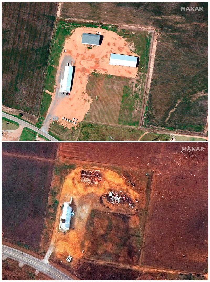 Gambar Satelit Badai Tornado yang menghantam gudang dan bangunan Amazon di Edwardsville, Illinois, AS Kombinasi citra satelit menunjukkan gudang dan bangunan Amazon di Edwardsville, Illinois, AS, sebelum dan sesudah terjangan tornado dahsyat yang melanda beberapa negara bagian AS, 24 September 2021 (atas) dan 11 Desember 2021. (Maxar Technologies/Handout via REUTERS)