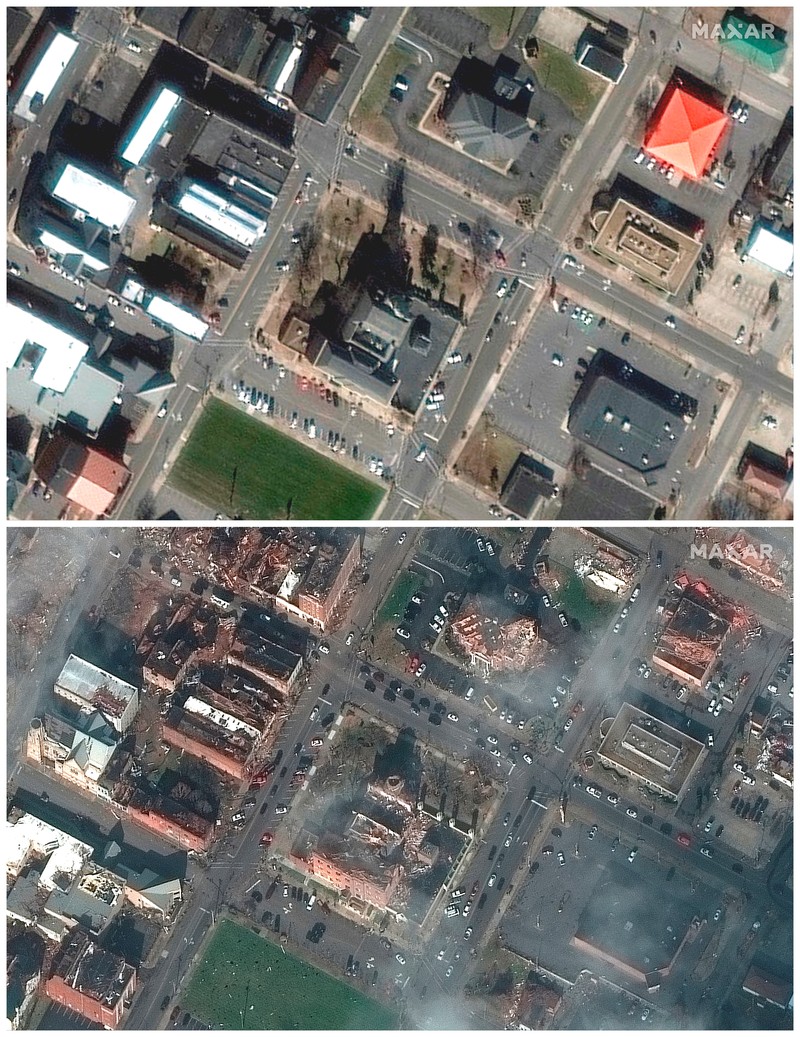 Gambar Satelit Badai Tornado yang menghantam gudang dan bangunan Amazon di Edwardsville, Illinois, AS Kombinasi citra satelit menunjukkan gudang dan bangunan Amazon di Edwardsville, Illinois, AS, sebelum dan sesudah terjangan tornado dahsyat yang melanda beberapa negara bagian AS, 24 September 2021 (atas) dan 11 Desember 2021. (Maxar Technologies/Handout via REUTERS)