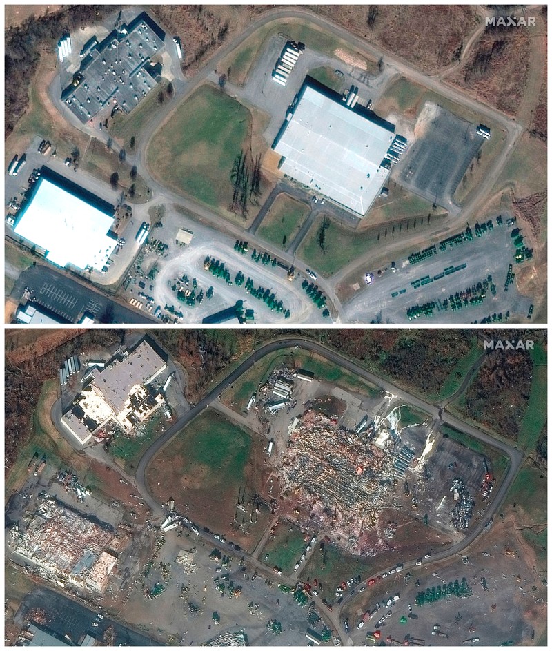 Kombinasi citra satelit menunjukkan gudang dan bangunan Amazon di Edwardsville, Illinois, AS, sebelum dan sesudah terjangan tornado dahsyat yang melanda beberapa negara bagian AS, 24 September 2021 (atas) dan 11 Desember 2021. (Maxar Technologies/Handout via REUTERS)