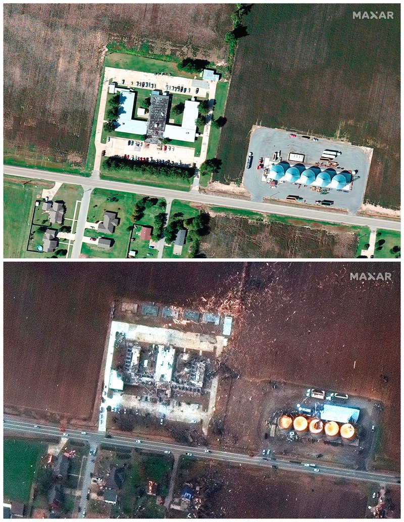 Gambar Satelit Badai Tornado yang menghantam gudang dan bangunan Amazon di Edwardsville, Illinois, AS Kombinasi citra satelit menunjukkan gudang dan bangunan Amazon di Edwardsville, Illinois, AS, sebelum dan sesudah terjangan tornado dahsyat yang melanda beberapa negara bagian AS, 24 September 2021 (atas) dan 11 Desember 2021. (Maxar Technologies/Handout via REUTERS)