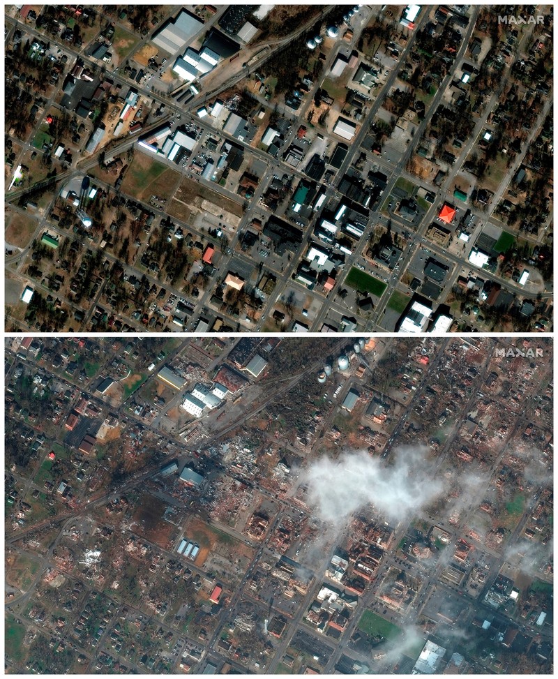 Gambar Satelit Badai Tornado yang menghantam gudang dan bangunan Amazon di Edwardsville, Illinois, AS Kombinasi citra satelit menunjukkan gudang dan bangunan Amazon di Edwardsville, Illinois, AS, sebelum dan sesudah terjangan tornado dahsyat yang melanda beberapa negara bagian AS, 24 September 2021 (atas) dan 11 Desember 2021. (Maxar Technologies/Handout via REUTERS)