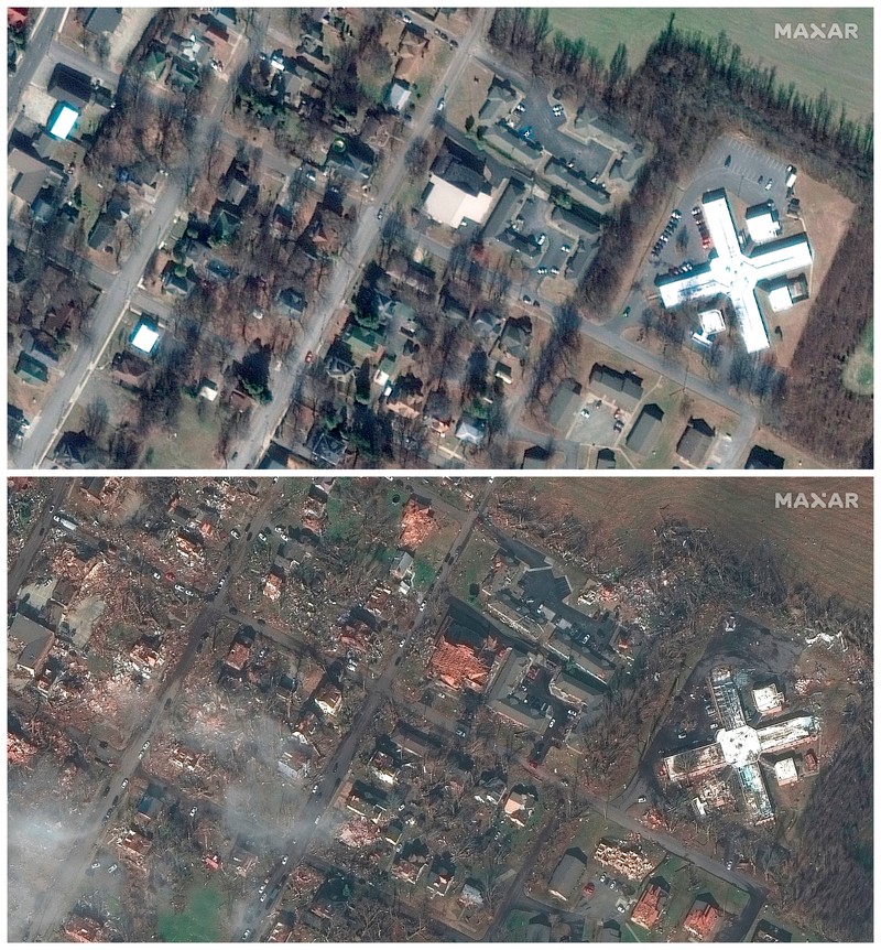 Gambar Satelit Badai Tornado yang menghantam gudang dan bangunan Amazon di Edwardsville, Illinois, AS Kombinasi citra satelit menunjukkan gudang dan bangunan Amazon di Edwardsville, Illinois, AS, sebelum dan sesudah terjangan tornado dahsyat yang melanda beberapa negara bagian AS, 24 September 2021 (atas) dan 11 Desember 2021. (Maxar Technologies/Handout via REUTERS)