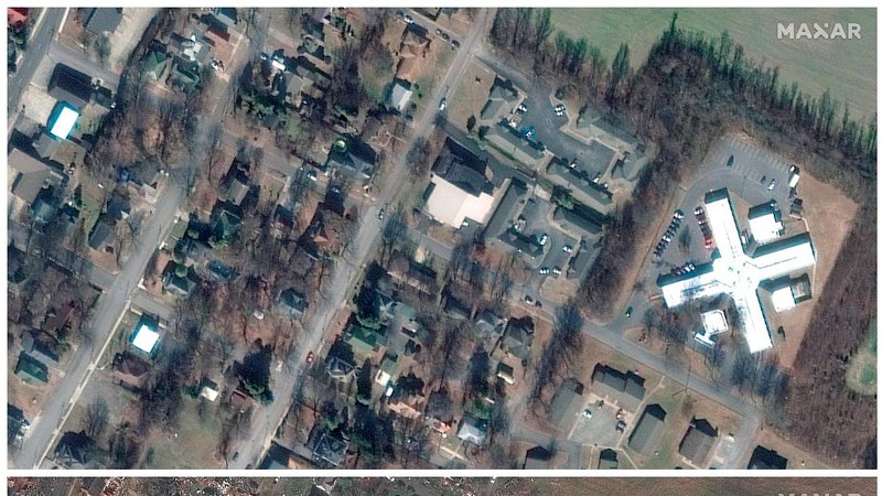 Kombinasi citra satelit menunjukkan gudang dan bangunan Amazon di Edwardsville, Illinois, AS, sebelum dan sesudah terjangan tornado dahsyat yang melanda beberapa negara bagian AS, 24 September 2021 (atas) dan 11 Desember 2021. (Maxar Technologies/Handout via REUTERS)