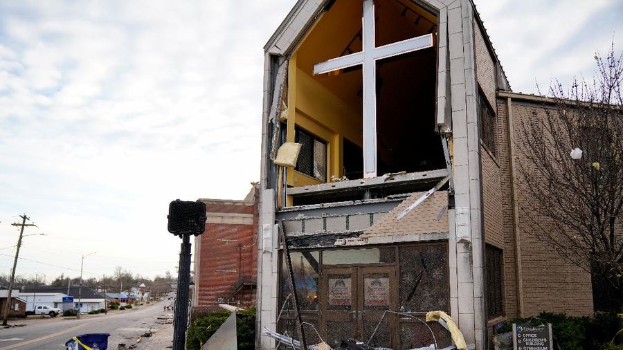 A church is seen missing its facade after a devastating outbreak of tornadoes ripped through several U.S. states, in Mayfield, Kentucky, U.S., December 11, 2021. REUTERS/Cheney Orr