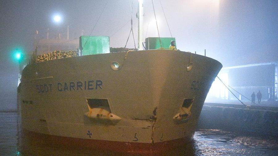 The British cargo ship Scot Carrier is moored, with damages done to the bow, after colliding with the Danish cargo ship Karin Hoej, at the port in Ystad, Sweden, December 13, 2021. Johan Nilsson/TT News Agency/via REUTERS ATTENTION EDITORS - THIS IMAGE WAS PROVIDED BY A THIRD PARTY. SWEDEN OUT. NO COMMERCIAL OR EDITORIAL SALES IN SWEDEN.