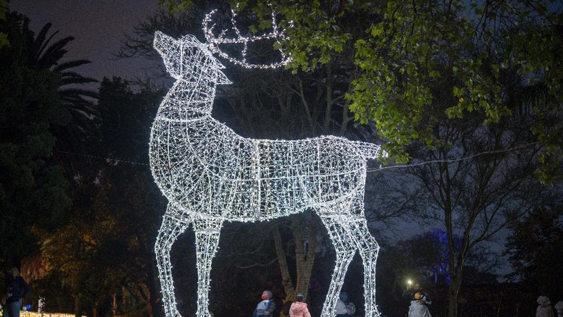 Orang-orang berjalan di jembatan saat lampu Natal menerangi Darsena dei Navigli, lingkungan yang dinamai kanal yang melintasi area Milan, Italia. (AP Photo/Luca Bruno)