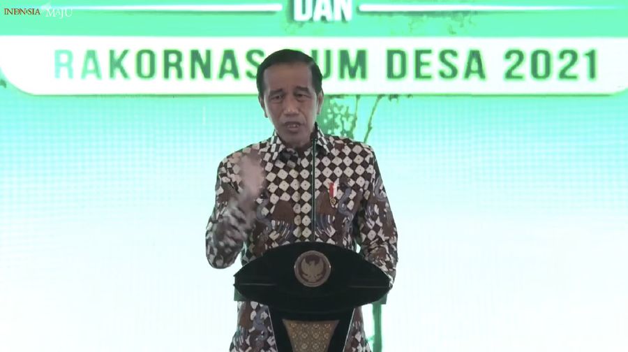 Presiden Joko Widodo dalam acara Peluncuran Sertifikat Badan Hukum dan Peresmian Pembukaan Rakornas BUM Desa, 20 Desember 2021 (Tangkapan Layar via Youtube Sekretariat Presiden)