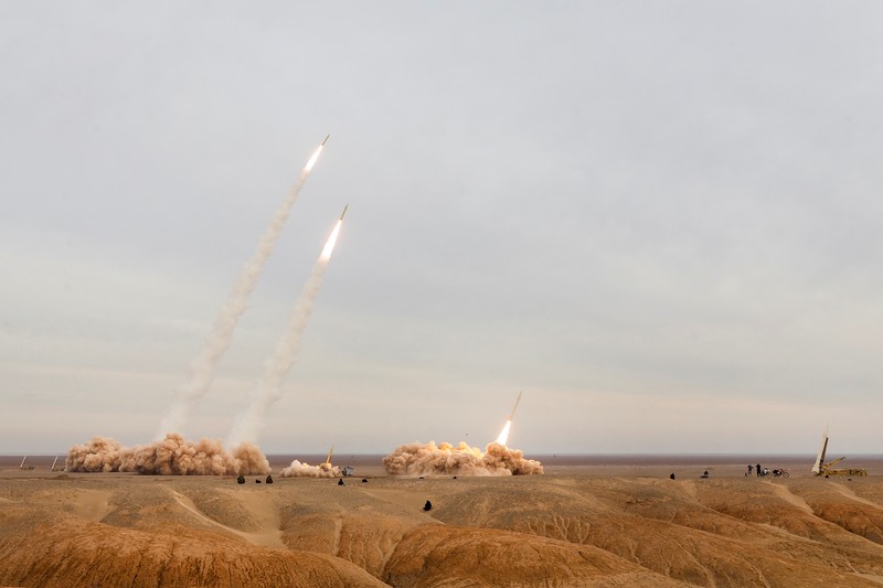 A missile is launched during a joint exercise called the 'Great Prophet 17', in the southwest of Iran, December 24, 2021. Picture taken December 24, 2021. Saeed Sajjadi/Fars News/WANA (West Asia News Agency) via REUTERS. ATTENTION EDITORS - THIS IMAGE HAS BEEN SUPPLIED BY A THIRD PARTY.