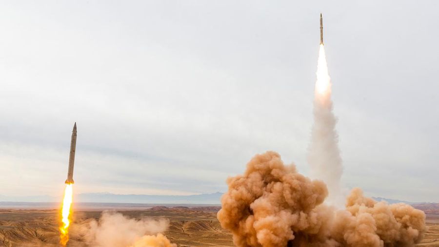A missile is launched during a joint exercise called the 'Great Prophet 17', in the southwest of Iran, December 24, 2021. Picture taken December 24, 2021. Saeed Sajjadi/Fars News/WANA (West Asia News Agency) via REUTERS. ATTENTION EDITORS - THIS IMAGE HAS BEEN SUPPLIED BY A THIRD PARTY.