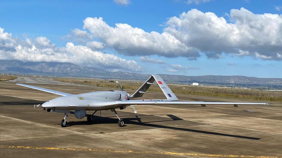 A Turkish-made Bayraktar TB2 drone is seen shortly after its landing at an airport in Gecitkala, known as Lefkoniko in Greek, in Cyprus, Monday, Dec. 16, 2019. Turkey has dispatched the surveillance and reconnaissance drone to the breakaway north of ethnically divided island nation of Cyprus amid tensions over offshore oil and gas exploration. It's unclear what the drones will be specifically tasked to do.Turkey doesn't recognize Cyprus as a state and asserts that 44% of the island nation's exclusive economic zone are its own. (DHA via AP)