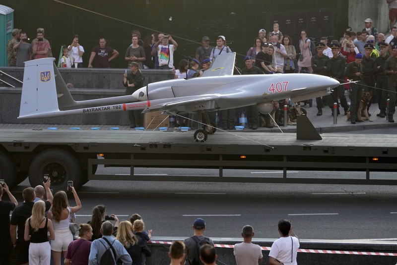 A Turkish-made Bayraktar TB2 drone is seen during a rehearsal of a military parade dedicated to Independence Day in Kyiv, Ukraine, Friday, Aug. 20, 2021. Ukraine will mark the 30th anniversary of its independence on Aug. 24. (AP Photo/Efrem Lukatsky)