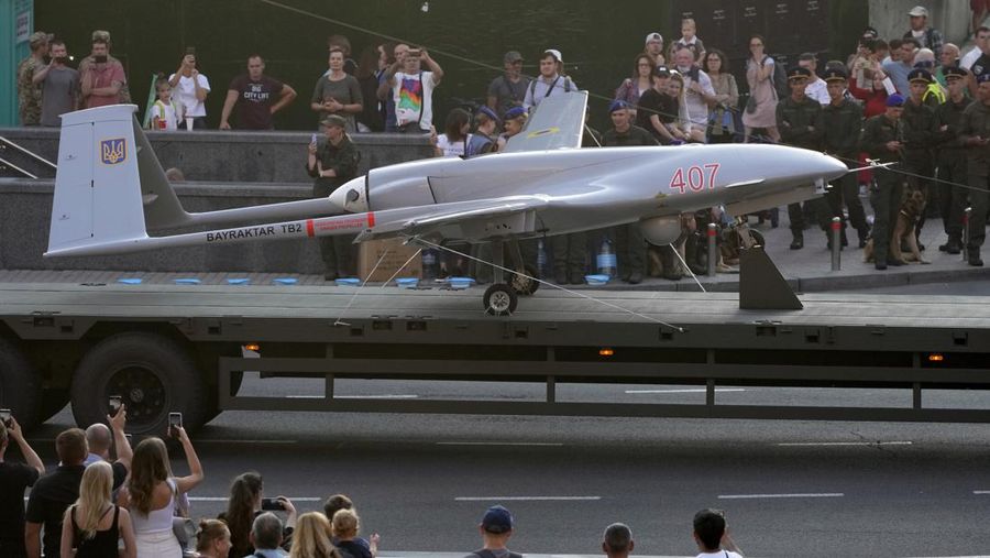 A Turkish-made Bayraktar TB2 drone is seen during a rehearsal of a military parade dedicated to Independence Day in Kyiv, Ukraine, Friday, Aug. 20, 2021. Ukraine will mark the 30th anniversary of its independence on Aug. 24. (AP Photo/Efrem Lukatsky)