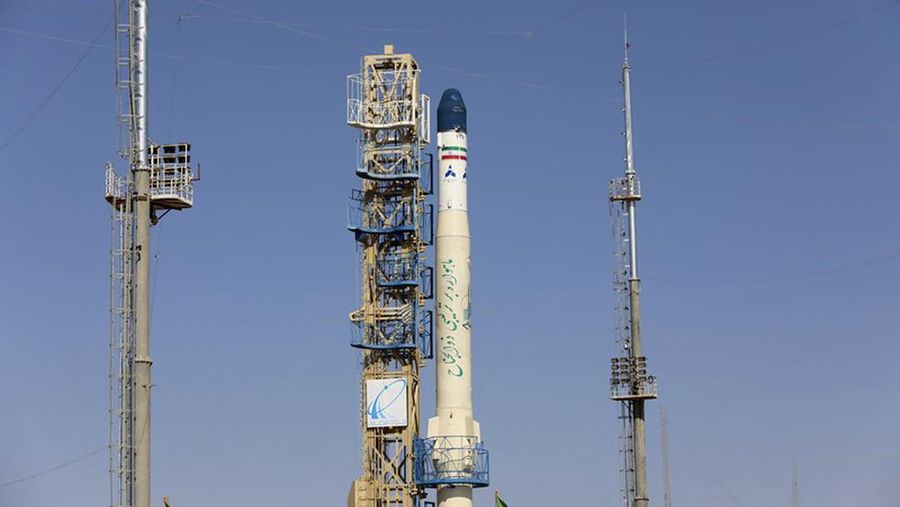 This picture released by the official website of the Iranian Defense Ministry on Monday, Feb. 1, 2021, shows Iran's newest satellite-carrier rocket, called 
