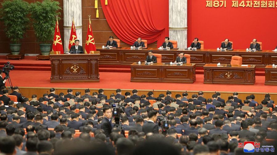 North Korean leader Kim Jong Un attends a plenary meeting of the Central Committee of the ruling Workers' Party in this photo released on December 28, 2021 by North Korea's Korean Central News Agency (KCNA). KCNA/via REUTERS. ATTENTION EDITORS - THIS IMAGE WAS PROVIDED BY A THIRD PARTY. REUTERS IS UNABLE TO INDEPENDENTLY VERIFY THIS IMAGE. NO THIRD PARTY SALES. SOUTH KOREA OUT.