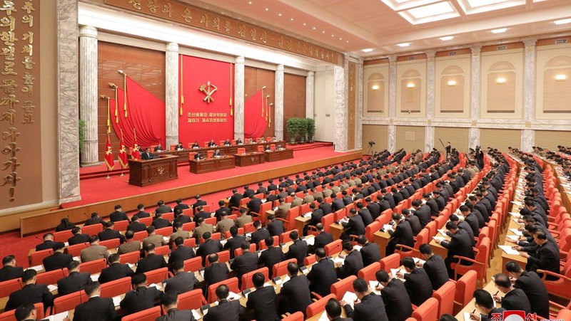 North Korean leader Kim Jong Un attends a plenary meeting of the Central Committee of the ruling Workers' Party in this photo released on December 28, 2021 by North Korea's Korean Central News Agency (KCNA). KCNA/via REUTERS. ATTENTION EDITORS - THIS IMAGE WAS PROVIDED BY A THIRD PARTY. REUTERS IS UNABLE TO INDEPENDENTLY VERIFY THIS IMAGE. NO THIRD PARTY SALES. SOUTH KOREA OUT.