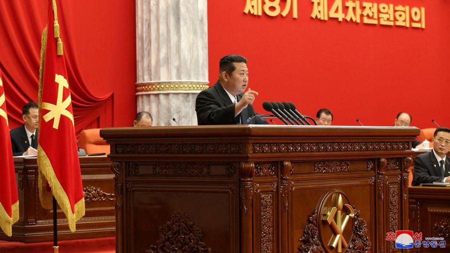 North Korean leader Kim Jong Un chairs a session of the 4th plenary meeting of the 8th Central Committee of the Workers' Party of Korea (WPK), in this photo released on December 29, 2021 by North Korea's Korean Central News Agency (KCNA).  KCNA/via REUTERS    ATTENTION EDITORS - THIS IMAGE WAS PROVIDED BY A THIRD PARTY. REUTERS IS UNABLE TO INDEPENDENTLY VERIFY THIS IMAGE. NO THIRD PARTY SALES. SOUTH KOREA OUT. NO COMMERCIAL OR EDITORIAL SALES IN SOUTH KOREA.