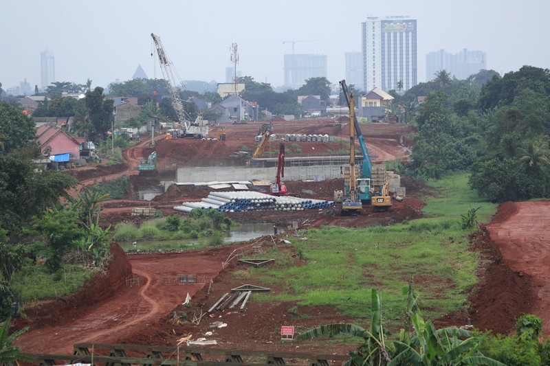 Pembangunan Jalan Tol Cijago Seksi 3 Limo-Kukusan. (Cnbc Indonesia/Tri Susilo)