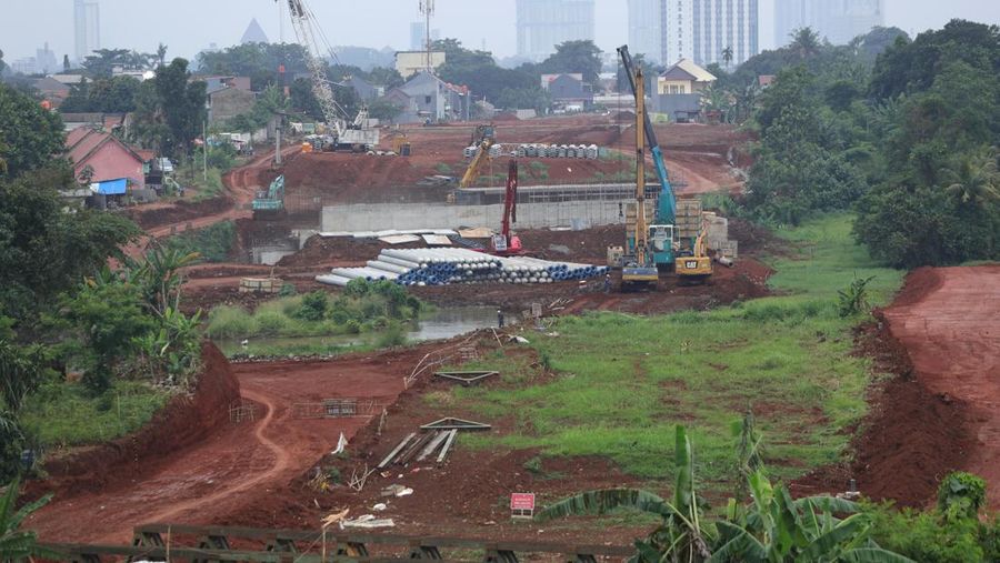Pembangunan Jalan Tol Cijago Seksi 3 Limo-Kukusan. (Cnbc Indonesia/Tri Susilo)