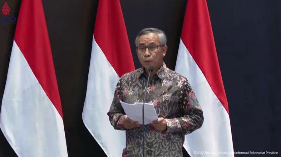 Ketua Dewan Komisioner Otoritas Jasa Keuangan (OJK) Wimboh Santoso Saat Peresmian Pembukaan Perdagangan BEI Tahun 2022. (Tangkapan Layar Youtube Sekretariat Presiden)