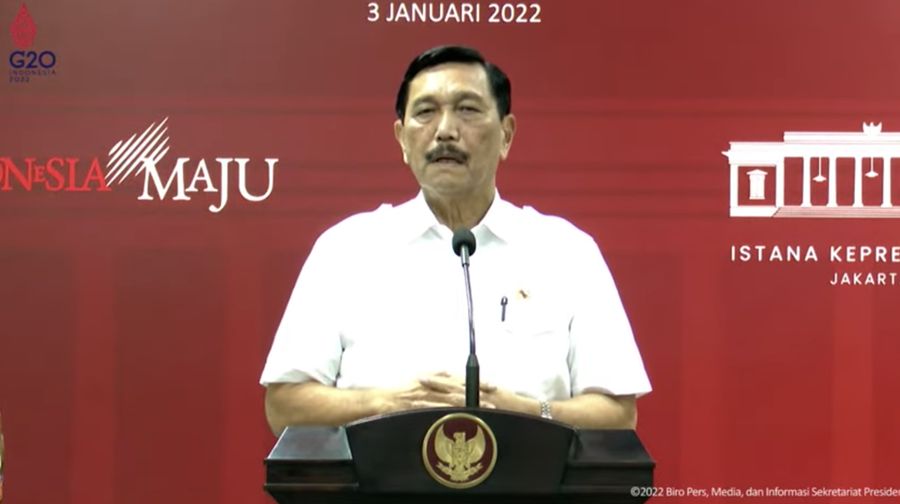 Menko Marves Luhut Binsar Pandjaitan Saat Keterangan Pers Hasil Rapat Terbatas Evaluasi PPKM, Kantor Presiden (3/1/2022). (Tangkapan Layar Youtube Skretariat Presiden)