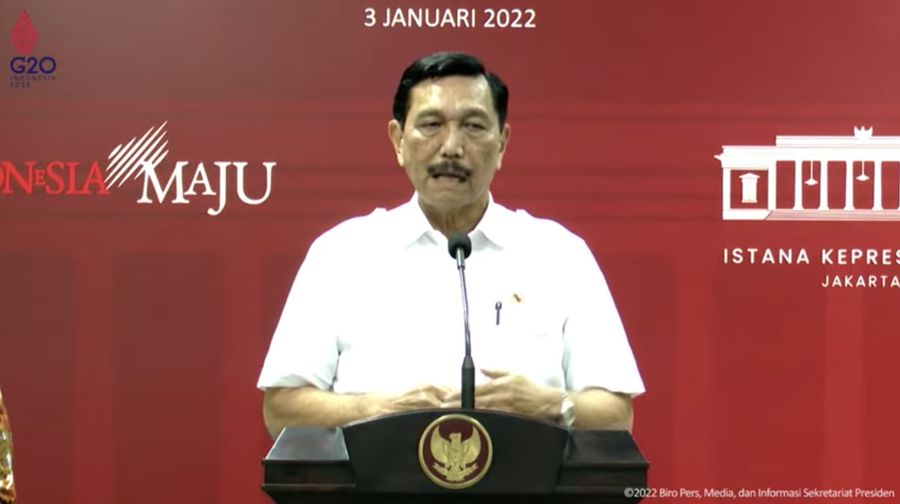 Menko Marves Luhut Binsar Pandjaitan Saat Keterangan Pers Hasil Rapat Terbatas Evaluasi PPKM, Kantor Presiden (3/1/2022). (Tangkapan Layar Youtube Skretariat Presiden)