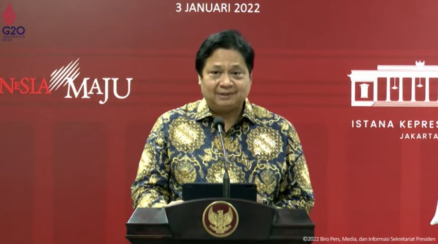 Menteri Koordinator Perekonomian, Airlangga Hartarto Saat Keterangan Pers Hasil Rapat Terbatas Evaluasi PPKM, Kantor Presiden (3/1/2022). (Tangkapan Layar Youtube Skretariat Presiden)