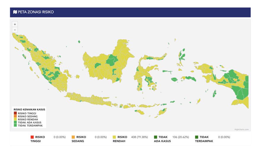 Peta Zonasi Resiko Covid-19 (2/1/2022). (Tangakapan Layar via Covid-19.go.id)