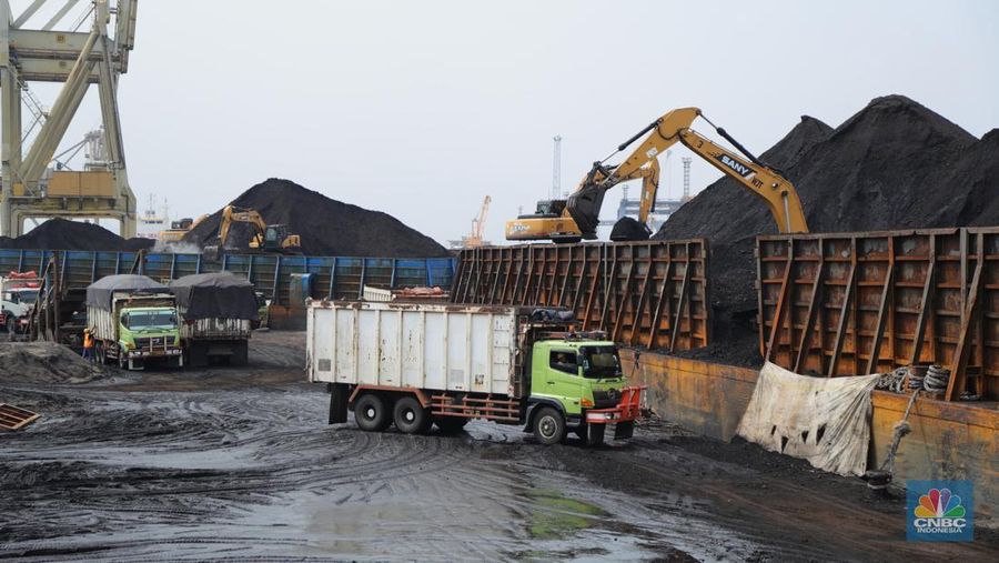 Pekerja melakukan bongkar muat batubara di Terminal Tanjung Priok, Jakarta, Kamis (6/1/2022). Pemerintah memutuskan untuk menyetop ekspor batu bara pada 1–31 Januari 2022 guna menjamin terpenuhinya pasokan komoditas tersebut untuk pembangkit listrik tenaga uap (PLTU) milik PLN dan independent power producer (IPP) dalam negeri. Kurangnya pasokan batubara dalam negeri ini akan berdampak kepada lebih dari 10 juta pelanggan PLN, mulai dari masyarakat umum hingga industri, di wilayah Jawa, Madura, Bali (Jamali) dan non-Jamali. (վ/ Tri Susilo)