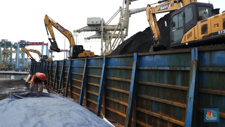 Pekerja melakukan bongkar muat batubara di Terminal Tanjung Priok, Jakarta, Kamis (6/1/2022). Pemerintah memutuskan untuk menyetop ekspor batu bara pada 1–31 Januari 2022 guna menjamin terpenuhinya pasokan komoditas tersebut untuk pembangkit listrik tenaga uap (PLTU) milik PLN dan independent power producer (IPP) dalam negeri. Kurangnya pasokan batubara dalam negeri ini akan berdampak kepada lebih dari 10 juta pelanggan PLN, mulai dari masyarakat umum hingga industri, di wilayah Jawa, Madura, Bali (Jamali) dan non-Jamali. (CNBC Indonesia/ Tri Susilo)