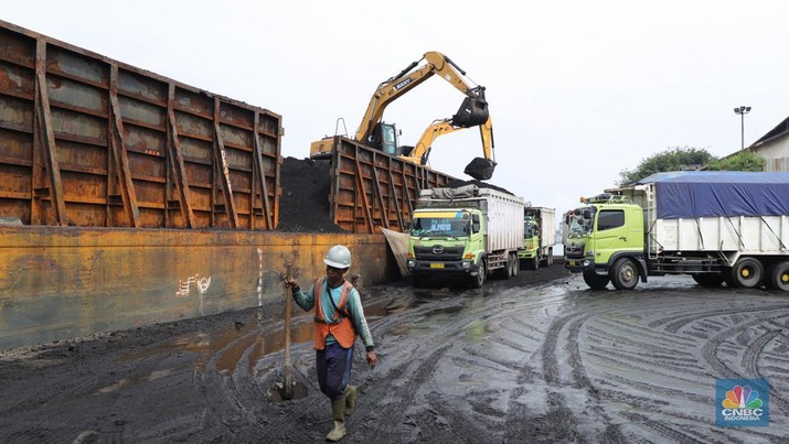 Bongkar Muat Batu Bara Pekerja melakukan bongkar muat batubara di Terminal Tanjung Priok, Jakarta, Kamis (6/1/2022). Pemerintah memutuskan untuk menyetop ekspor batu bara pada 1–31 Januari 2022 guna menjamin terpenuhinya pasokan komoditas tersebut untuk pembangkit listrik tenaga uap (PLTU) milik PLN dan independent power producer (IPP) dalam negeri. Kurangnya pasokan batubara dalam negeri ini akan berdampak kepada lebih dari 10 juta pelanggan PLN, mulai dari masyarakat umum hingga industri, di wilayah Jawa, Madura, Bali (Jamali) dan non-Jamali. (CNBC Indonesia/ Tri Susilo)