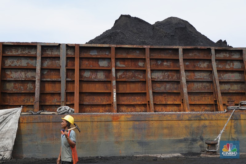 Pekerja melakukan bongkar muat batubara di Terminal Tanjung Priok, Jakarta, Kamis (6/1/2022). Pemerintah memutuskan untuk menyetop ekspor batu bara pada 1–31 Januari 2022 guna menjamin terpenuhinya pasokan komoditas tersebut untuk pembangkit listrik tenaga uap (PLTU) milik PLN dan independent power producer (IPP) dalam negeri. Kurangnya pasokan batubara dalam negeri ini akan berdampak kepada lebih dari 10 juta pelanggan PLN, mulai dari masyarakat umum hingga industri, di wilayah Jawa, Madura, Bali (Jamali) dan non-Jamali. (CNBC Indonesia/ Tri Susilo)