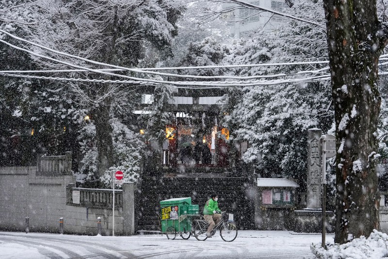 Seseorang mengendarai sepeda saat salju turun di Tokyo, Jepang Kamis (6/1/2022). (AP/Kiichiro Sato)