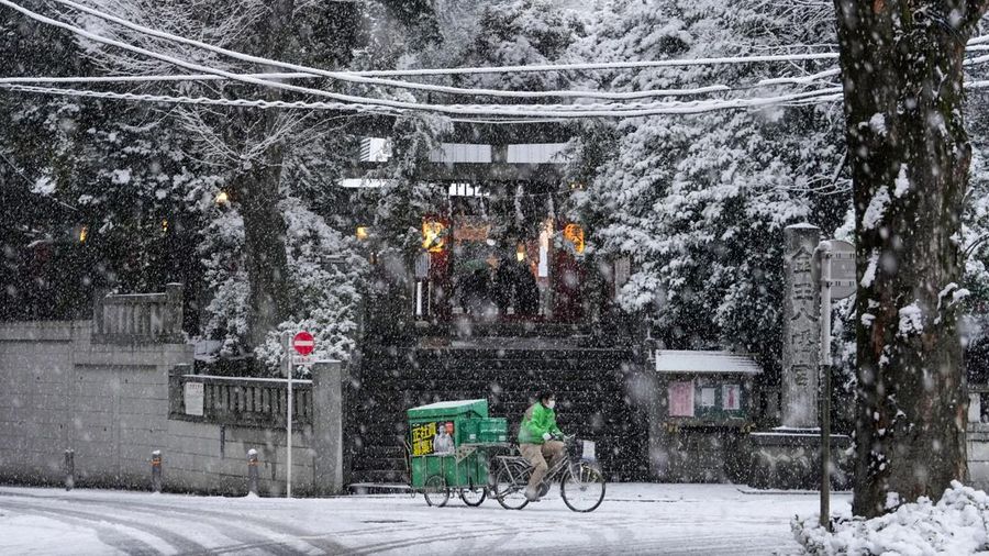 Seseorang mengendarai sepeda saat salju turun di Tokyo, Jepang Kamis (6/1/2022). (AP/Kiichiro Sato)