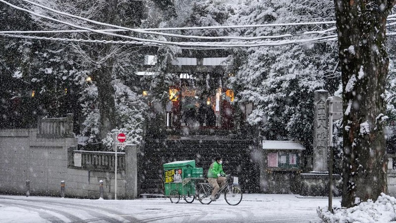 Seseorang mengendarai sepeda saat salju turun di Tokyo, Jepang Kamis (6/1/2022). (AP/Kiichiro Sato)