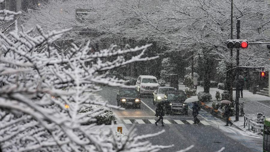 Orang-orang berjalan di penyeberangan saat salju turun di Tokyo, Jepang Kamis (6/1/2022). (AP/Kiichiro Sato)