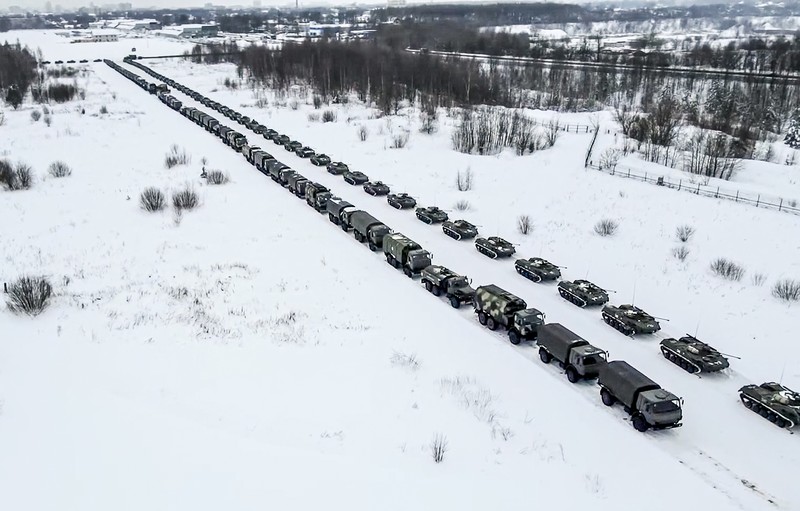 Russia Kazakhstan Protests In this image taken from footage provided by the RU-RTR Russian television, Military vehicles of Russian peacekeepers parked waiting to be uploaded on Russian military planes at an airfield in Russia, Friday, Jan. 7, 2022. Over 70 cargo planes are being deployed in Russia's peacekeeping mission in Kazakhstan according to the Defense Ministry chief spokesman's briefing on Friday, after the worst street protests since the country gained independence three decades ago. The demonstrations began over a near-doubling of prices for a type of vehicle fuel and quickly spread across the country, reflecting wider discontent over the rule of the same party since independence. (RU-RTR Russian Television via AP)