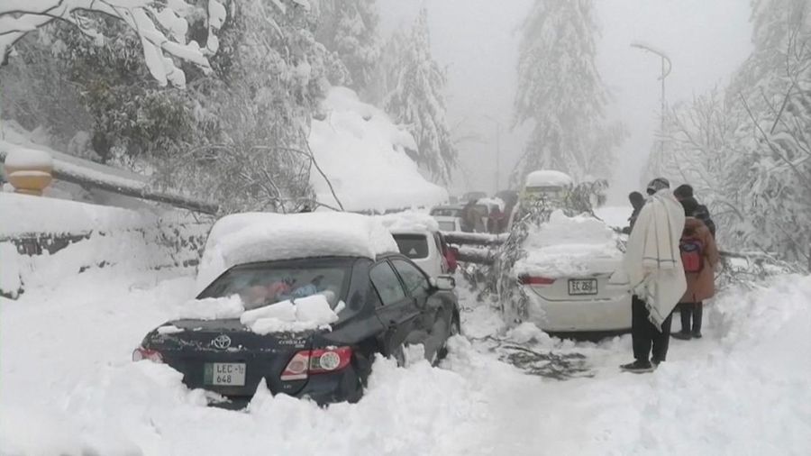 Kendaraan terjebak pohon tumbang di jalan bersalju Murree, timur laut Islamabad, Pakistan, Sabtu (8/1/2022). (via REUTERS/ISPR)