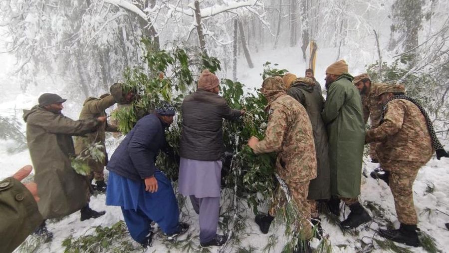 Kendaraan terjebak pohon tumbang di jalan bersalju Murree, timur laut Islamabad, Pakistan, Sabtu (8/1/2022). (via REUTERS/ISPR)
